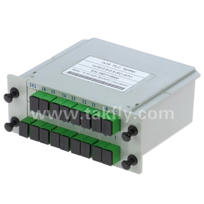 موثوقية عالية واستقرار FTTX Gpon 1 * 16 وضع واحد G657A1 نوع كاسيت الألياف LGX PLC Splitter مع Sc / APC Connector