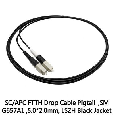 وصلة ضفيرة كابل توصيل FTTH SC/APC مع ألياف G657A1 وغلاف أسود LSZH لتوصيلية موثوقة