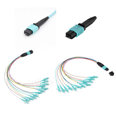 12/24 نوى MPO إلى LC Harness Fiber Cable MPO Patch Cord ، OM3 ، Aqua