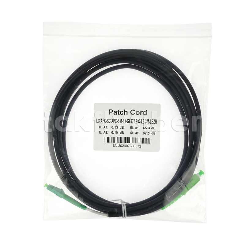 الدرجة التليفزيونية CPR Dca معتمدة 4.5 ملم مزدوجة الصدرية الألياف الضوئية Patchcord SM G657AB3 LSZH سترة سوداء SCAPC إلى LCAPC