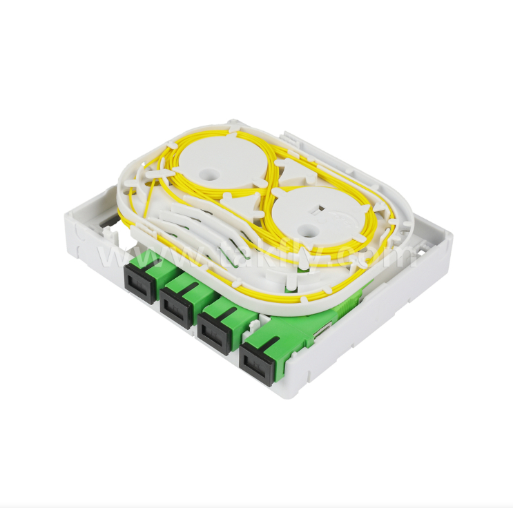 صندوق إنهاء ألياف FTTH TKS-1806-04D - تثبيت مكتبي/جداري، 4 منافذ، داخلي، يدعم لحام الدمج وإدارة الكابلات